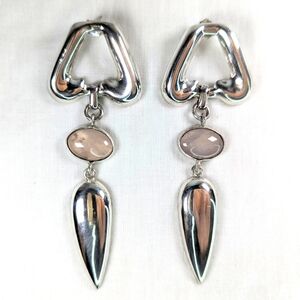 Large Sterling Silver Door Knocker Drop Dangle Earrings Pink Stone 3 inches